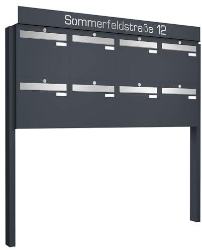 Frabox Briefkastenanlage 8fach Briefkasten personalisiert freistehend XXL Standbriefkasten RAL 7016 Standfuß zum Einbetonieren anthrazit-grau Mehrfamilienhaus ohne Zeitungsfach Made in Germany LUIS