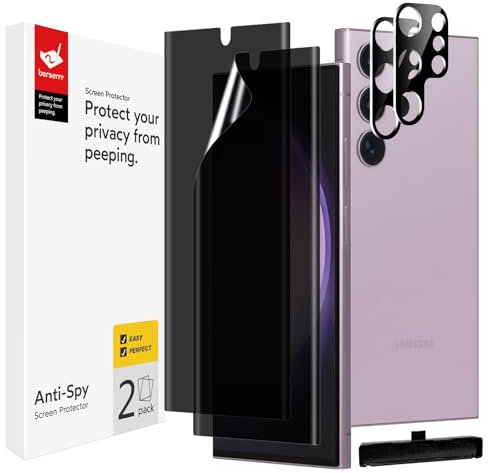 BERSEM [Lot de 2+2 Privacy Protecteur Écran Pour Samsung Galaxy S23 ULTRA, 6.8 Pouces Verre Trempé de Caméra Protecteur, Anti-Spy Film TPU Flexible, Installation Facile