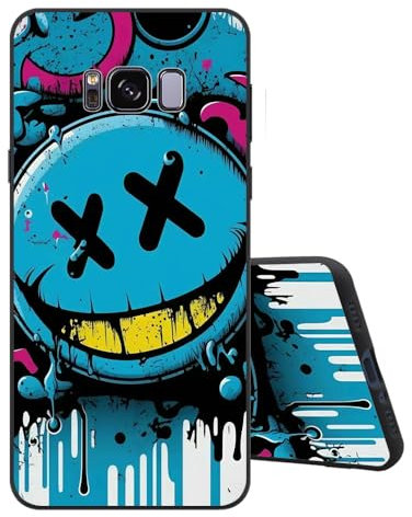 Sinyunron Handyhülle Kompatibel mit Samsung Galaxy S8 Hülle Silikon Matte Schwarz Rückseite mit Muster,Weiche Stoßfest Kratzfest Schlanke TPU Softschale Schutzhülle,Blaues Emoji