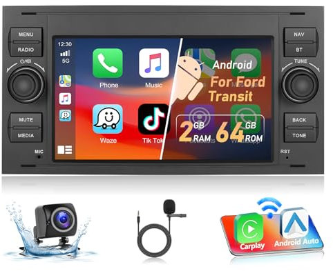 Estéreo para Coche Motorsi para Ford Focus C-MAX S-MAX Galaxy Fusion Fiesta Mondeo/Kuga Transit, 2+64G Android A-pple Carplay con GPS/Bluetooth/SWC/EQ/FM/RDS+ Cámara de Visión Trasera AHD y Micrófono