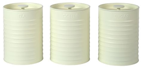 Russell Hobbs RH03268CEU7 Ribbed 3-Piece Canister Set – Set of 3 Kitchen Storage Canisters for Tea, Coffee and Sugar, Durable Powder-Coated Steel, Pull Top Lids, Easy to Clean, Ribbed Design, Cream