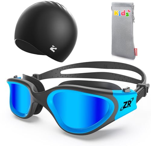 ZIONOR Schwimmbrille Kinder Badekappe, G1MINI Polarisiert Anti Nebel UV-Schutz Schwimmbrille für Mädchen und Jungen (Jahre 8-14) (Schwarz Badekappe, A1-Schwarz-Blau polarisiert)