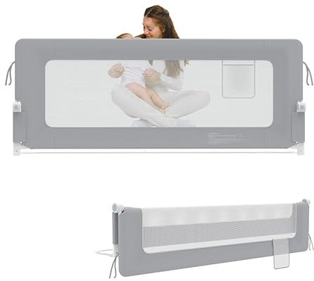 AufuN Bettgitter Bettschuztgitter Portable 180cm, Faltbar Kinderbettgitter für Kinder Babybettgitter Klappbar, Tragbar, Rausfallschutz Bett für Babys und Kinder im Elternbett, Grau