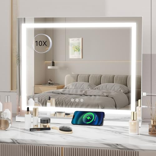 YOURLITE Hollywood Vanity Mirror with Lights, 50×40cm Lighted Makeup Mirror with Dimmable LED light, 3 Lighting Modes, Touch Control, USB Charging Port, Tabletop and Wall Mounted Hollywood Mirror