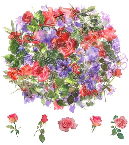 120 Transparente Scrapbooking Aufkleber, PET Blumen Aufkleber Pflanzen Sticker, Flower Stickers, Blumenaufkleber für Scrapbook Fotoalbum Sammelalbum Laptops Handwerk(Nachmittag)