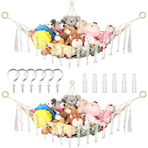 XSHAO® 2 Stk Kuscheltier Aufbewahrung Netz, Spielzeug Hängematte Netz mit 6-Haken Stofftier Aufbewahrung für Aufbewahrung von Plüschtieren 120 x 100 cm