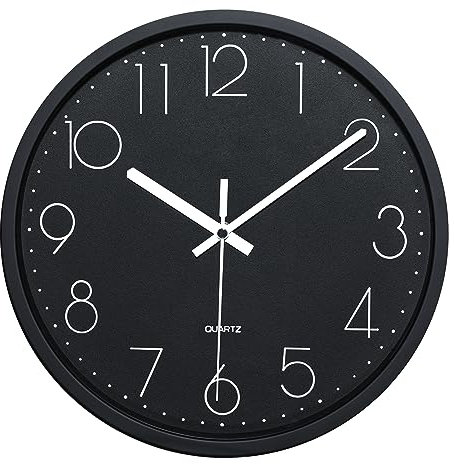 Plumeet 25cm Stille Wanduhr Anti-Ticken, mit Modernem und Schönem Design für Wohnzimmer, Große Küchen-Wanduhr, Batteriebetrieben (Schwarz)