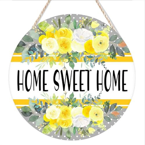 kisoyo Rustikales rundes Holzschild zum Aufhängen, für Zuhause, süßes Zuhause, Grau und Gelb, Blumenkranz, Kranz, Befestigung, Willkommensschild, Holztafeln, zum Aufhängen, für Heimdekoration, 20,3 x