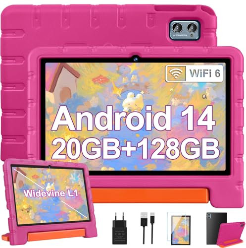 ZIOVO Tablet para Niños 10 Pulgadas, Android 14 con 20GB RAM + 128GB ROM(1TB TF), Octa-Core, WiFi 6, Widevine L1, 6000mAh, Control Parental, Tablet Niños con EVA Funda Protectora-Rosa