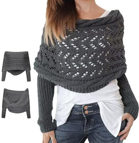 Yuepaikre 280cmMultifunktionaler Schal mit Ärmeln für Damen, Gestrickter Polyesterfaser Zopfmusterschal, Boho Pashmina Schal Damen, Warmgestrickt cape damen (Dunkelgrau)