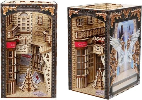 QXSJEDYCH DIY Book Nook Kit, 3D Wooden Puzzle Bookend for Bookshelf Decor, Light Up Tiny Miniature Diagonal Lane Christmas Simulation 3D Model Decoration