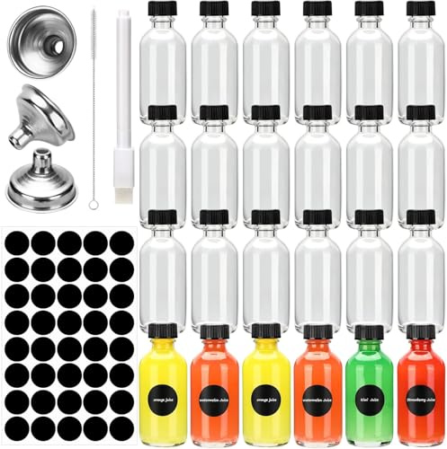 Miiepls Glasflaschen zum Befüllen 24x60ml, Mini Shotgläser mit Deckel | Vielseitige Abfüllflaschen aus Glas mit Zubehör, für Wellness-Shots, Smoothies, Whisky und Gewürze
