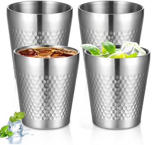 4 Stück Edelstahlbecher, 300ml Stapelbare Doppelwandige Metall Trinkbecher, Bruchsichere Schnapsbecher, Hammermuster Camping Tassen, Isolierte Edelstahl Trinkbecher für Bier, Saft, Wasser