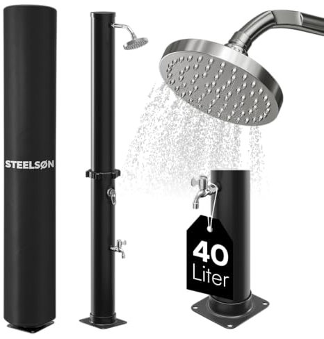 STEELSØN Solardusche Velion 40L, Gartendusche Solar, Regendusche Dusche für Garten, Außendusche rund, schwarz