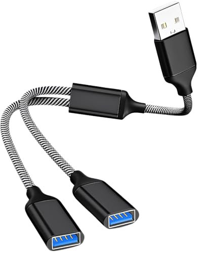 USB Splitter 2 Port - USB Male to Double Female Extension Adapter, 1 In 2 Out Dual Extender Hub, Dual Power Cord Extension for Charging, Data Transfer, Laptop, Car