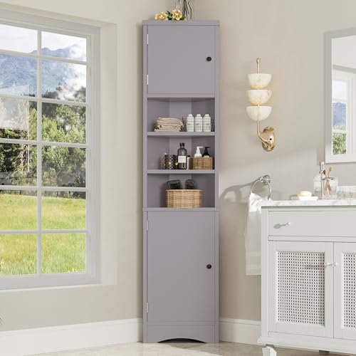 Merax Eckschrank Hochschrank, Dreieckiger Badezimmerschrank, feuchtigkeitsbeständiger Lack, DREI offene Ablagefächer, Doppeltüren, verstellbare Einlegeböden, Grau, 36.5 x 24.5 x 170cm
