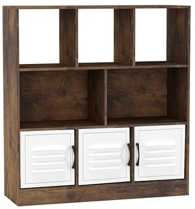 URBNLIVING Rustic Brown 8 Cube Asymmetrical Bookcase – Freestanding Storage Unit with 3 Doors - Metal Doors - White