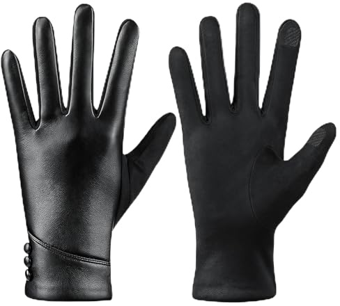 Qzakce Lederhandschuhe Damen, PU Leder Handschuhe Winter Warmes Touchscreen Winddicht Lederhandschuhe mit Klassischer Knopfdekoration Eleganz Outdoor Gloves für Fahren Radfahren Schwarz
