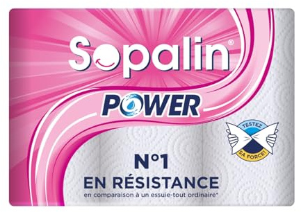 Sopalin Power, 3 Rouleaux d'Essuie-tout Multi-usages, 2 Plis | 45 Feuilles par Rouleau, Ultra Résistant et Réutilisable, 100% Cellulose, Blanc