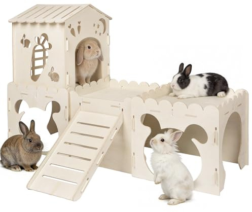 Großes Kaninchenhaus, Hasenschloss aus Holz mit 3 Häusern im Innenbereich, Kaninchen-Meerschweinchenkäfig mehrstöckiger Kletterturm, stabiles Holzschloss, Kleintierversteck Tunnel (4 Häuser)
