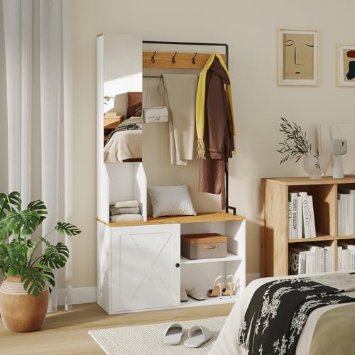 YU YUSING Garderobenständer mit Schuhbank Spiegel Haken, Garderobe 170cm | Garderobenschrank mit Offenen Fächer, Flurgarderoben Set mit Sitzbank für Eingangsbereich Flur Wohnzimmer, 90x30x170cm
