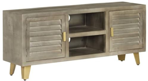 YUOTYRKTEJRSG TV-Schrank Massivholz Mango Vintage Grau mit Messingbeinen 110 cm Breite Fernsehschrank Lowboard Beistelltisch für Wohnzimmer mit 2 Fächern und 2 Türen