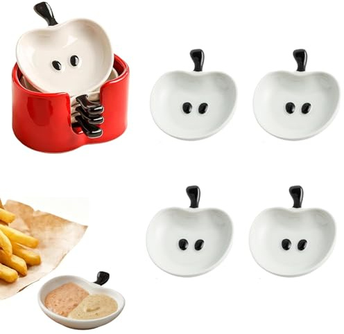 HSYTEK 4 cuencos para salsas, 9,8 x 8,5 cm, con forma de manzana, cuencos de cerámica, apilables con recipiente de almacenamiento a juego, cuencos pequeños para ketchup, mostaza, salsa de soja