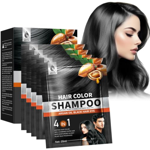 Virecose Champú Colorante Negro con Aceite de Argán, 10 Sobres x 25 ml | Black Hair Dye Shampoo 4 en 1, Champu Tinte Canas, Champú de Color Tinte Pelo, Pelo instantáneo para Mujer Hombre
