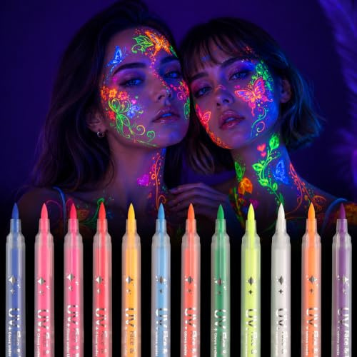 Lot de 12 stylos à lumière noire UV - Maquillage néon phosphorescent pour visage et corps - Doux pour la peau et imperméable - Kit de peinture corporelle pour festival, fête, Halloween, carnaval