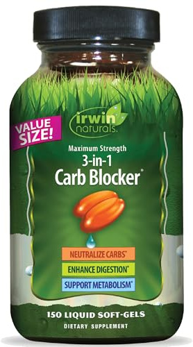 Irwin Naturals Maximum Strength 3-in-1 Carb Blocker - Neutralize Carbohydrates, Aids Digestion and Metabolism Booster - White Kidney Bean Extract + Chromium + Enzyme Blend - 150 Liquid Soft-Gels