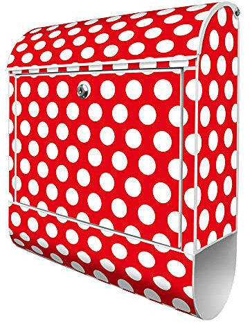 banjado® Design Briefkasten mit Punkte Rot 38,5x46,5x13cm & 2 Schlüssel - Briefkasten Stahl weiß mit Zeitungsfach pulverbeschichtet - Postkasten A4 Einwurf inkl. Montagematerial