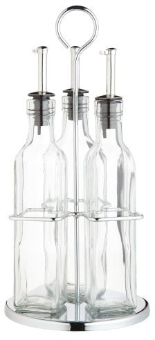KitchenCraft World of Flavours, Öl- und Essigflaschen-Set mit Edelstahlgestell und abnehmbarem Korken, Ölspender, Olivenölflasche und Essigflasche aus Glas, 4er-Set