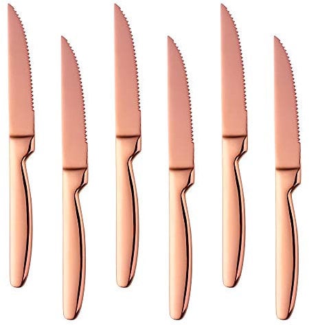 Bisda Juego de 6 Cuchillos de Carne Oro Rosa serrado Steak Knives Acero Inoxidable Sierra Cuchillo para Carne 22cm de Largo Cuchillos de Mesa Cuchillos de Cocina lavavajillas Seguro