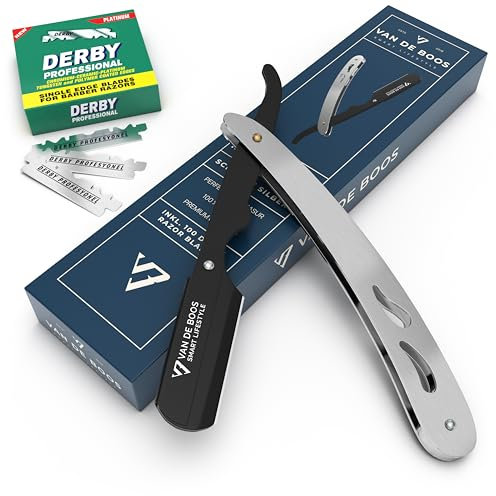 Van De Boos® Rasiermesser-Set mit 100 Derby Wechselklingen - Hochwertiges Edelstahl Barbier Bartmesser mit extra scharfen Klingen - Barber Messer für eine präzise Bart-Nassrasur (Herren Nassrasierer)