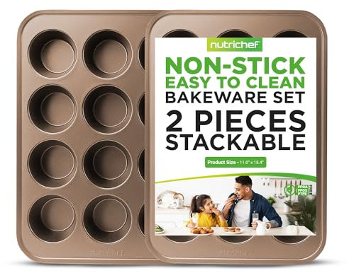 Nutrichef Muffin Backform, Muffinform 2er-Pack, Muffinblech aus Karbonstahl für 12 Muffins, Backformen Antihaftbeschichtet für Cupcakes, Brownies & Kuchen, Spülmaschinenfest, Inkl. 100 Muffinförmchen