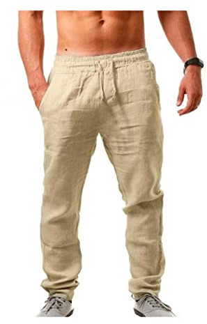 Leinenhose Herren, Herren Leinenhose Lang Leicht Sommerhose Loose Fit Freizeithose für Urlaub Strand Alltag