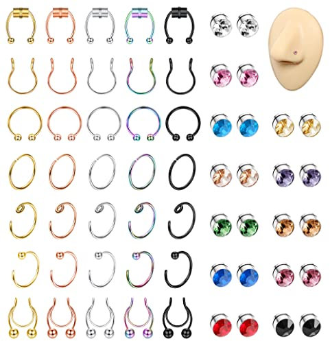 Kakonia 59stk Fake Nose Ring Septum für Damen Herren Magnet Septum Nasenring Ohrstecker Hoops Fake Nasenpiercings Septum Piercing Fake Nasenring Nasenpiercing Ring Piercingschmuck