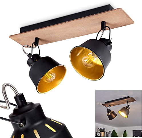Deckenleuchte Safari, verstelllbare Deckenlampe aus Metall/Holz in Schwarz/Chromfarben/Dunkelbraun/Goldfarben, 2-flammig, E14-Fassungen, ohne Leuchtmittel, Moderne Leuchte