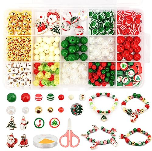 Gukasxi 360 Stück Weihnachten Perlen Set Armbänder Selber Machen Perlen zum Auffädeln Weihnachten Perlenset Armbänder DIY Charms Ahänger Weihnachten Basteln Perlen für Armband Halskette Ohrringe