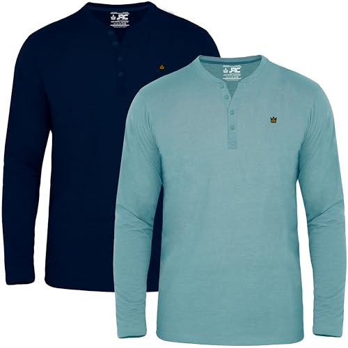 JRC 2 Pack Mens Long Sleeve Henley Shirts, Lightweight Henley Tops for Gym, Running & Casual Outings (Navy, Stone Blue, XL)