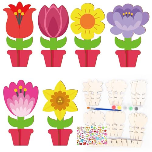 DKINY 12 Kits Fleurs 3D avec Supports en Bois à Colorer avec Peinture et Pinceaux pour Enfants Loisirs Créatifs Printemps Été Fête Mères Activité DIY Déco Table