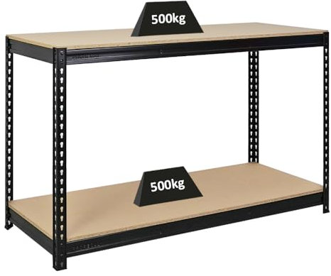 PROREGAL Profi Werkbank Strong Beast, HxBxT 90x150x60cm mit Fachlast 500kg, 2 Ebenen, Schwarz, Werktisch Arbeitstisch Steckmontage Packtisch