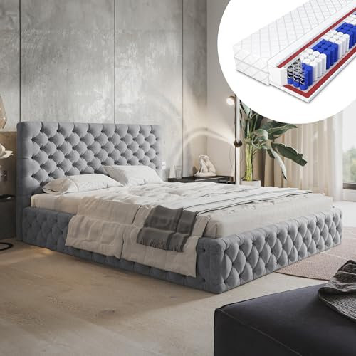 MOTIVENA Dalia Chesterfield Polsterbett 140x200 Mit Bettkasten, Matratze H3 Und Lattenrost - Kopfteil Samt, Grau Hellgrau