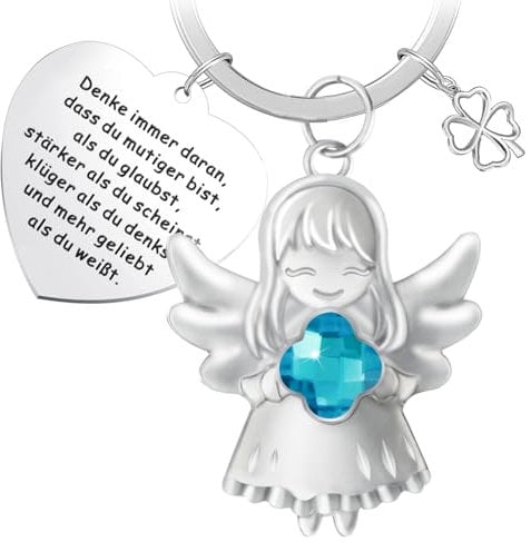 DXLing Schutzengel Glücksbringer Schlüsselanhänger Schutzengel Schlüsselanhänger mit Blauen Edelsteinen und Herzanhänger mit Glückliches Vierblättriges Kleeblatt Geschenke Schlüssel Anhänger