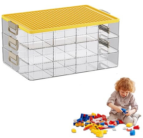 Scatola portaoggetti con coperchio per Lego, 3 livelli, trasparente per Lego, scatole di smistamento per giocattoli, blocchi di costruzione con scomparti, scatola di plastica impilabile con manico