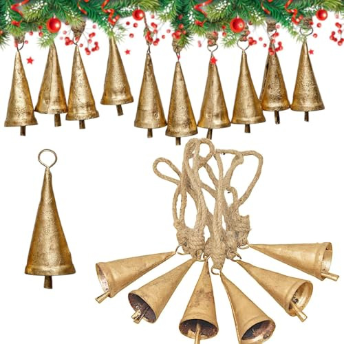 Weihnachtsdeko Glocken zum Rustikalen Aufhängen mit Juteseil Gold Glocken zum Basteln Weihnachtsbaumschmuck Ornamente (10 Stück)