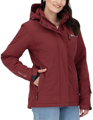 Deproc Active Damen Winterjacke Skijacke abnehmbare Kapuze Gefüttert Wasserdicht Wetterfest Windbreaker Übergangsjacke Parka Regenjacke, Wine, 48
