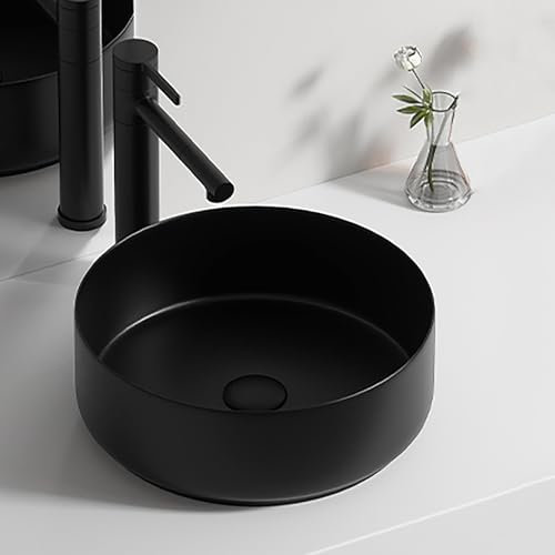 Kleines Aufsatzwaschbecken fürs Badezimmer, Rundes Weißes Keramik-Aufsatzwaschbecken mit Pop-Up-Abfluss, Porzellanwaschbecken für den Waschtisch(Black,30cm/12in)