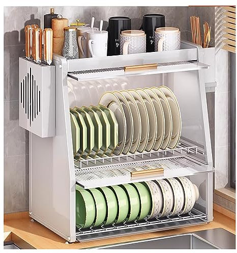Abtropfgestell mit 2 Ebenen – platzsparendes Abtropfgestell aus Edelstahl für Küchentheke, abgedecktes Design für bequemes und effizientes Trocknen von Geschirr