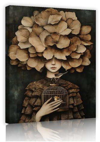 TOANGWALL Aesthetic Style Canvas Poster Print Portrait of a Girl with Dried Flowers and a Bird Picture Painting Wall Art for Indoor Decor 80x95cm Innerframe